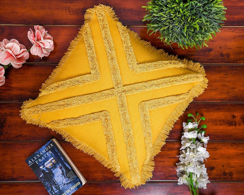 IMPEXART PVT LTD 16X16 Inches Cotton Mustard Boho Shaggy Square Geometric Desgin Cushion Cover for Valentines Day Decor Couch Sofa Bedroom Living Room Farmhouse Indoor Outdoor