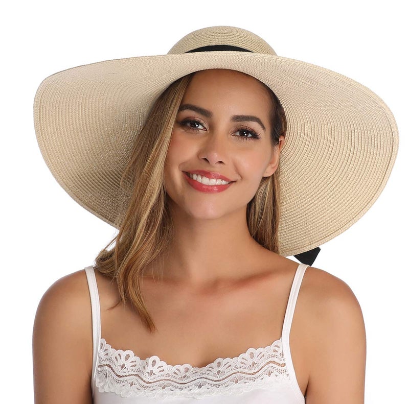 Lanzom Womens Wide Brim Straw Hat Big Floppy Foldable Roll up Cap Beach Sun Hat UPF 50+(Bowknot-Beige) - Image 4