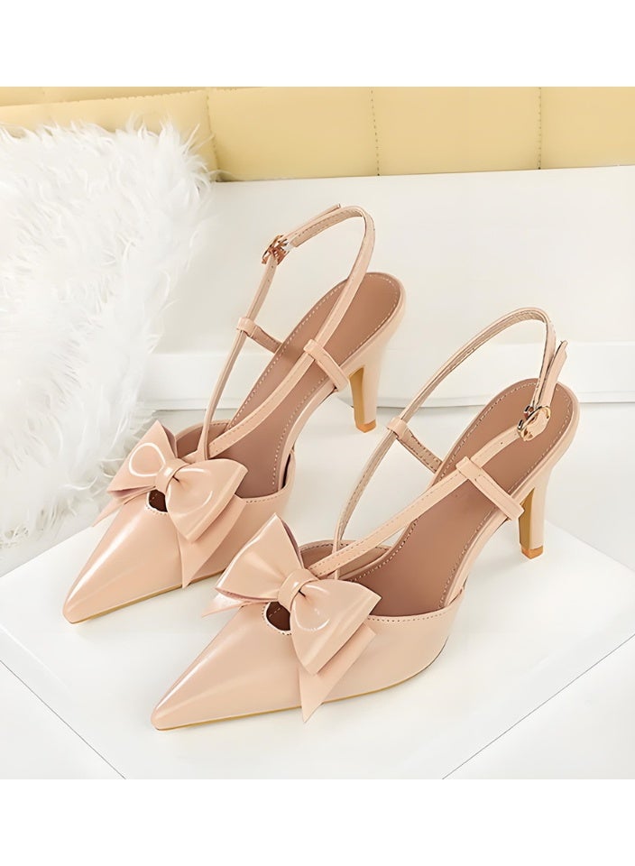 BIGTREE Women's Bowknot Closed Pointed Toe Pumps Slingback Stiletto High Heel Sandals With Ankle Strap Nude Color 8CM - Image 1