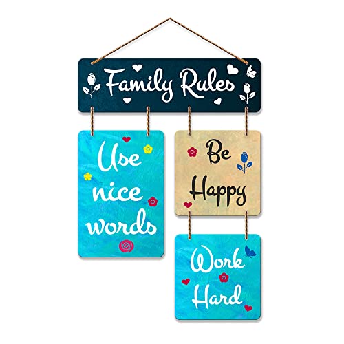 Artvibes Family Rules Use Nice Words Wooden Art Decoration item for Living Room | Wall Art For Hall | Family Quotes Wall Hanging | Wall Poster | Quotes Decor Item | Wall Art Print (WH_6504N) - Image 1