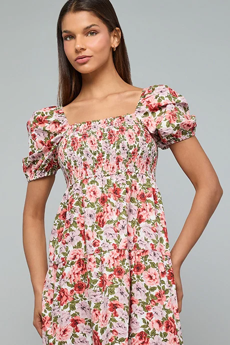R&b Printed Flared Dress with Square Neck and Puff Sleeves