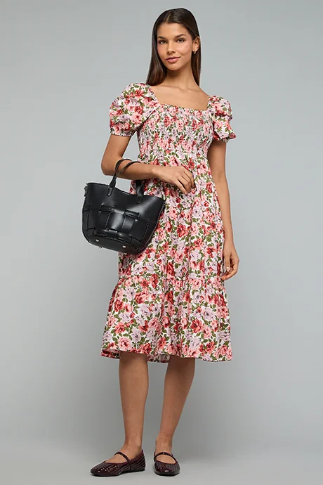 R&b Printed Flared Dress with Square Neck and Puff Sleeves