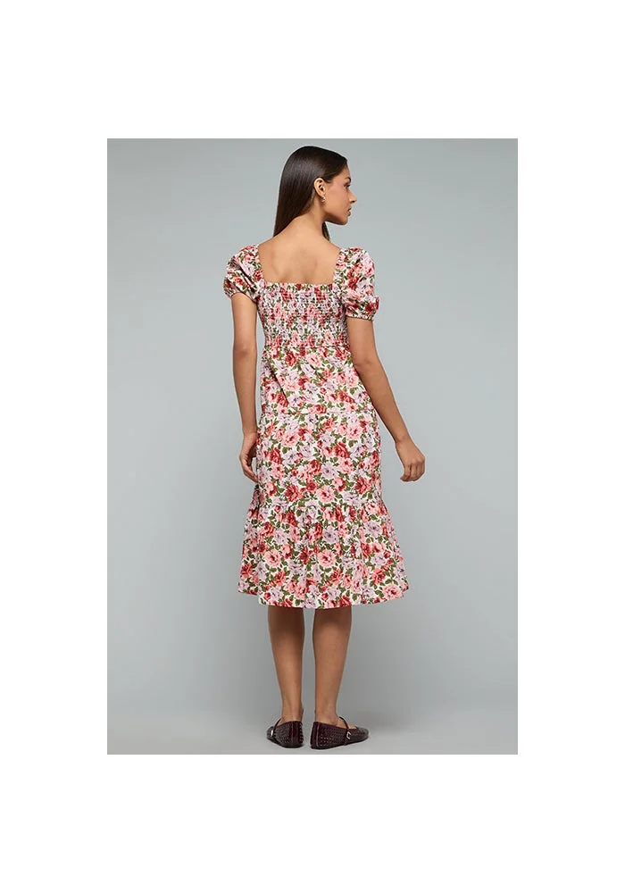R&b  Printed Flared Dress with Square Neck and Puff Sleeves for Women | Best Price UAE