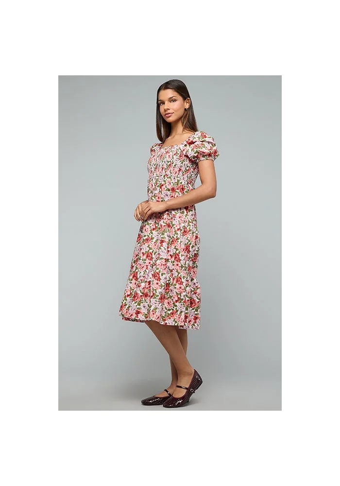 R&b  Printed Flared Dress with Square Neck and Puff Sleeves for Women | Best Price UAE