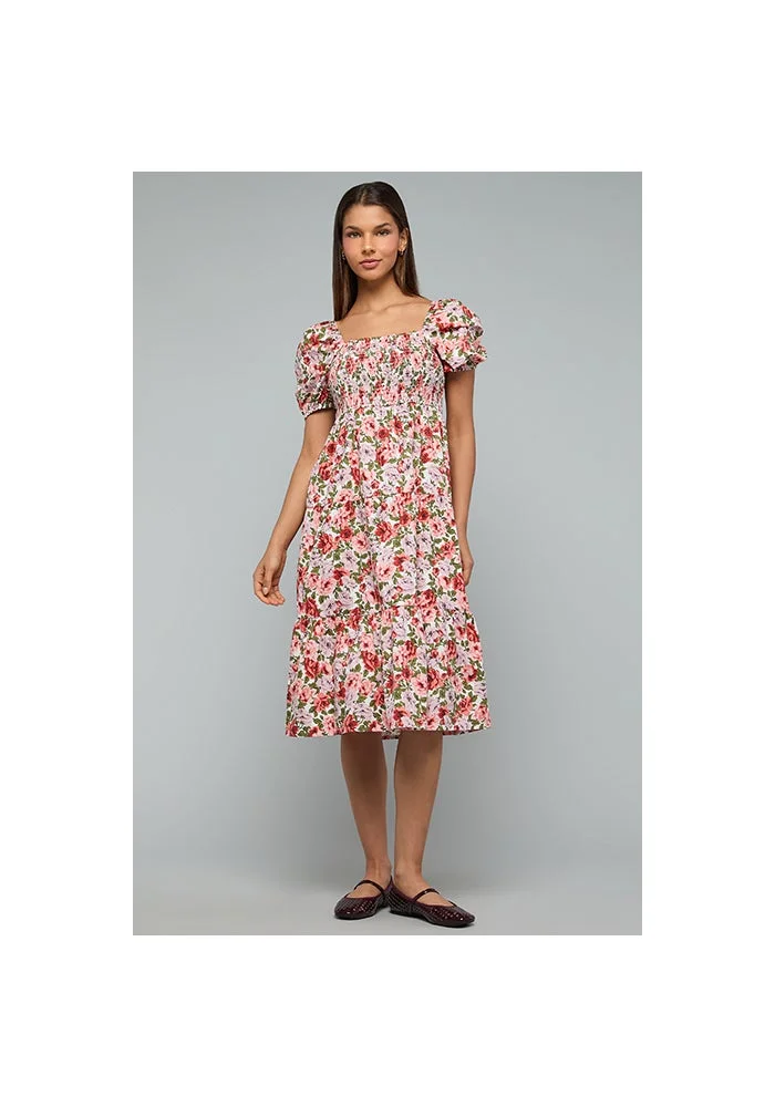 R&b  Printed Flared Dress with Square Neck and Puff Sleeves for Women | Best Price UAE