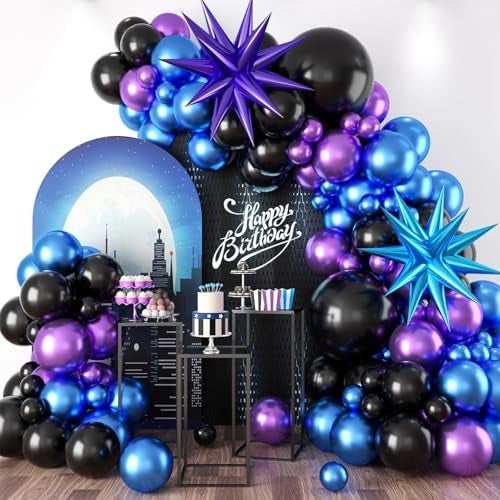 Sowide Black Purple Blue Balloon Arch Kit, Metallic Purple Blue Balloons Garland Kit with Star Balloons for Kids Video Game Party Decoration Baby Shower Engagement Party Supplies - Image 1