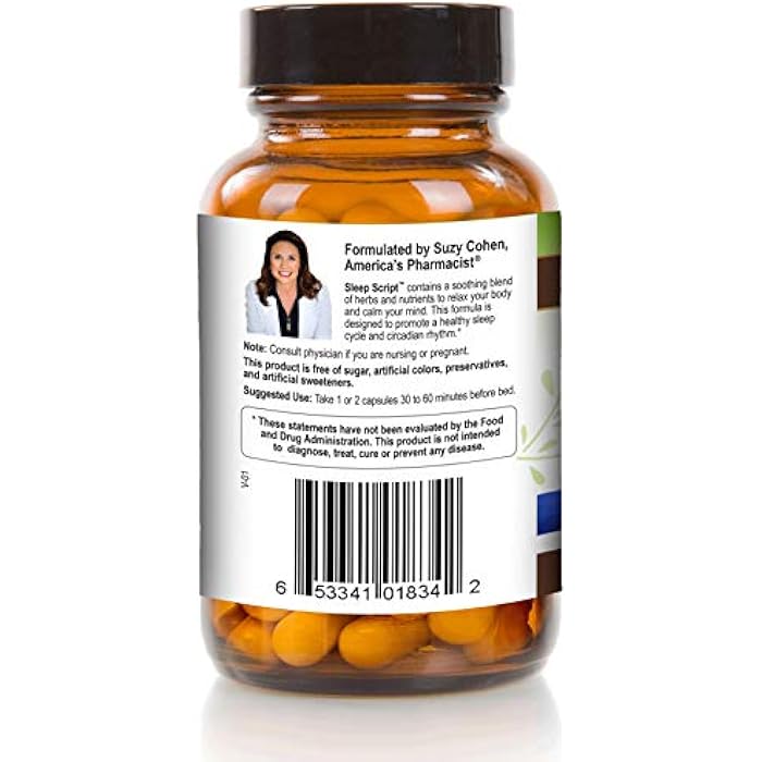 Script Essentials Suzy Cohen Sleep Script with Melatonin - Botanical Sleep and Relaxation Formula for Adults for Mood, Stress and Sleep, Contains 5-HTP, L-theanine, Passionflower, Lemon Balm and GABA 60 Capsules. - Image 3