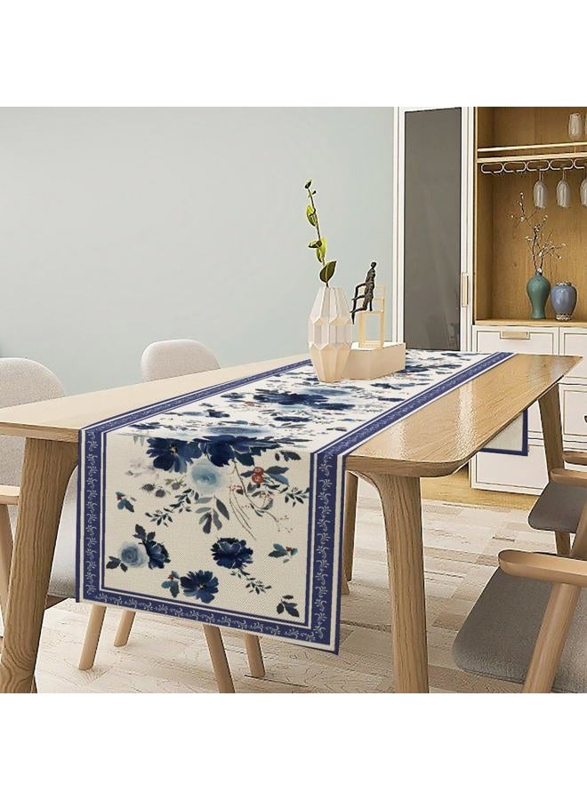 JESTRONRY Navy Blue Flowers Linen Table Runner,Spring Floral Seasonal Dinner Table Decoration for Home Living Room Kitchen Dining Room 13x36in - Image 2
