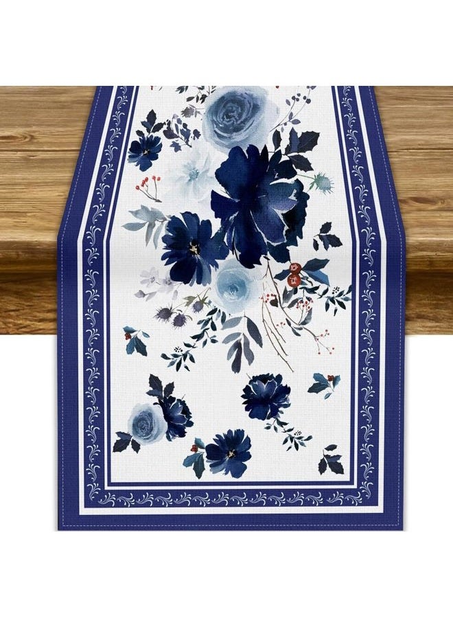 JESTRONRY Navy Blue Flowers Linen Table Runner,Spring Floral Seasonal Dinner Table Decoration for Home Living Room Kitchen Dining Room 13x36in - Image 1