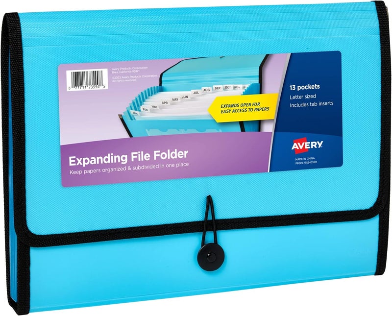 AVERY Expanding File Folder Organizer, 13-Pocket Accordion File Organizer, Aqua, Holds 425 Letter/A4-Size Sheets (73554) - Image 1