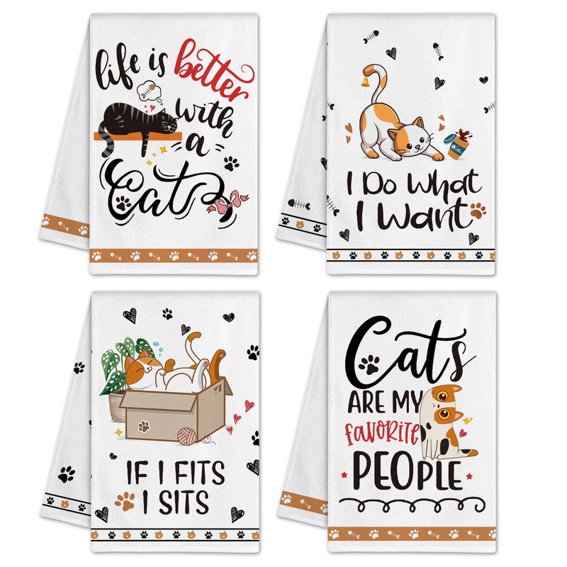 Hexagram Cat Kitchen Towels Set of 4 Cat Lover Gifts for Women Funny Cute Housewarming Dish Hand Towels for Home Kitchen Decor