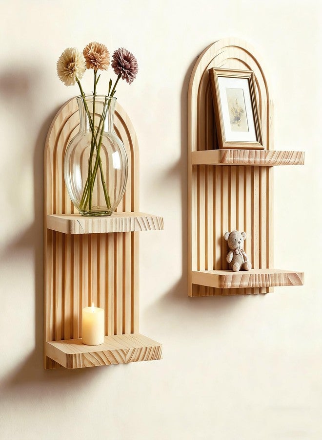 Artilady 2 Pack Boho Wall Hanging Shelves - 2 Tier Handmade Rainbow Arch Solid Wood Floating Shelf Wall Decor Trinket Storage Rack for Bedroom Living Room Nursery Bathroom - Image 1
