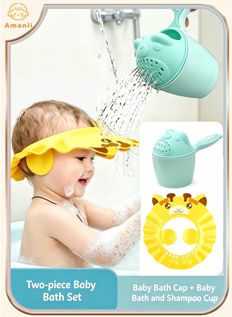 Amanli Baby shower rinse cup with eye protection, multi-function water flow control, and adjustable spray nozzle; paired with soft, safe, adjustable bath hat to protect ears and eyes. Suitable for babies and toddlers (green shower head, yellow bath hat) - Image 1