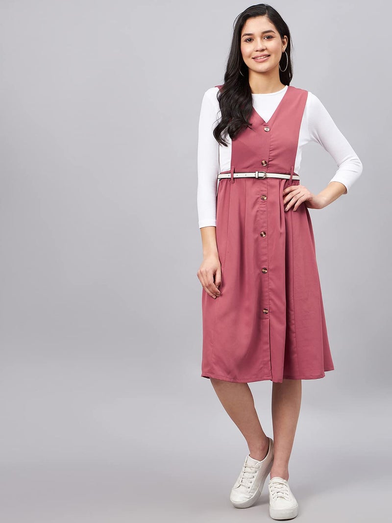 WineRed Women Midi Pink Solid Pinafore Dress with Button, Medium - Image 2
