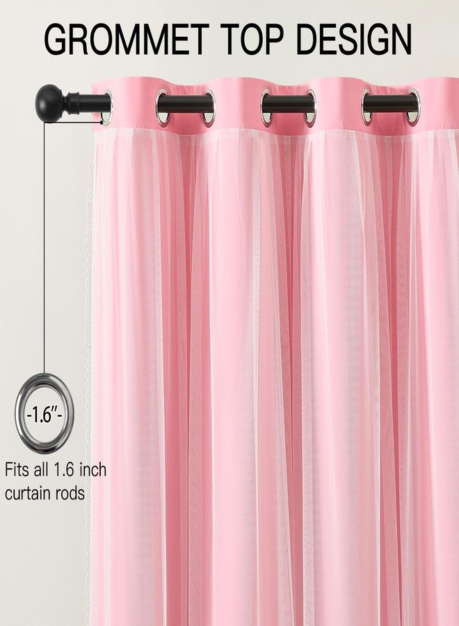 XiDi Pink Curtains for Girls Bedroom Living Room 63 Inches Long 2 Panels Double Layer Blackout Curtains with Sheer Overlay for Nursery Kids Princess Toddler Grommet Drapes Pink Lace Hem 34W x 63L - Image 5