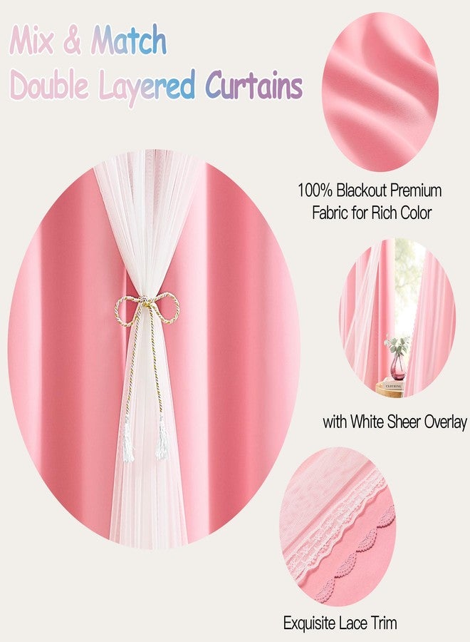XiDi Pink Curtains for Girls Bedroom Living Room 63 Inches Long 2 Panels Double Layer Blackout Curtains with Sheer Overlay for Nursery Kids Princess Toddler Grommet Drapes Pink Lace Hem 34W x 63L - Image 3