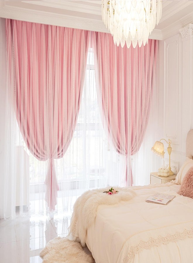 XiDi Pink Curtains for Girls Bedroom Living Room 63 Inches Long 2 Panels Double Layer Blackout Curtains with Sheer Overlay for Nursery Kids Princess Toddler Grommet Drapes Pink Lace Hem 34W x 63L - Image 2