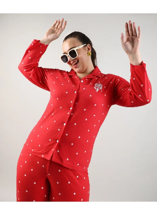 Instafab Plus Women's Scarlet Red Dreamcatcher Polka Dit Nightsuit