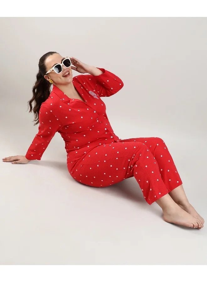 Instafab Plus Women's Scarlet Red Dreamcatcher Polka Dit Nightsuit