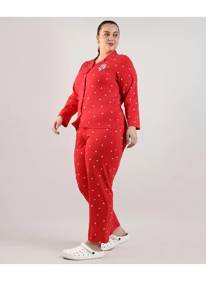 Instafab Plus Women's Scarlet Red Dreamcatcher Polka Dit Nightsuit
