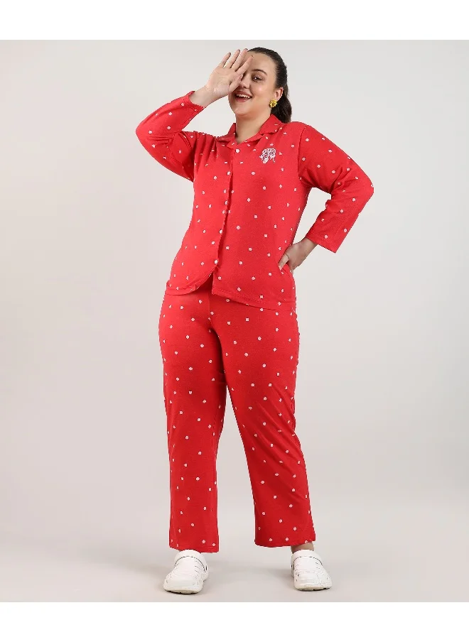 Instafab Plus Women's Scarlet Red Dreamcatcher Polka Dit Nightsuit