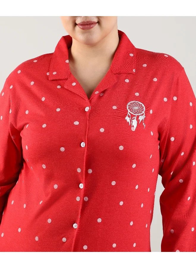 Instafab Plus Women's Scarlet Red Dreamcatcher Polka Dit Nightsuit