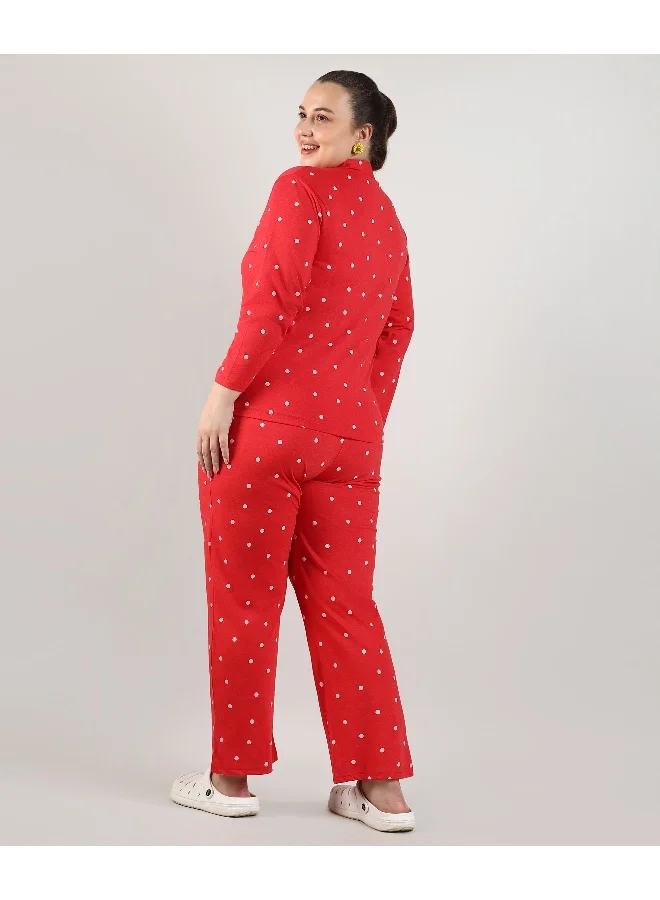 Instafab Plus Women's Scarlet Red Dreamcatcher Polka Dit Nightsuit