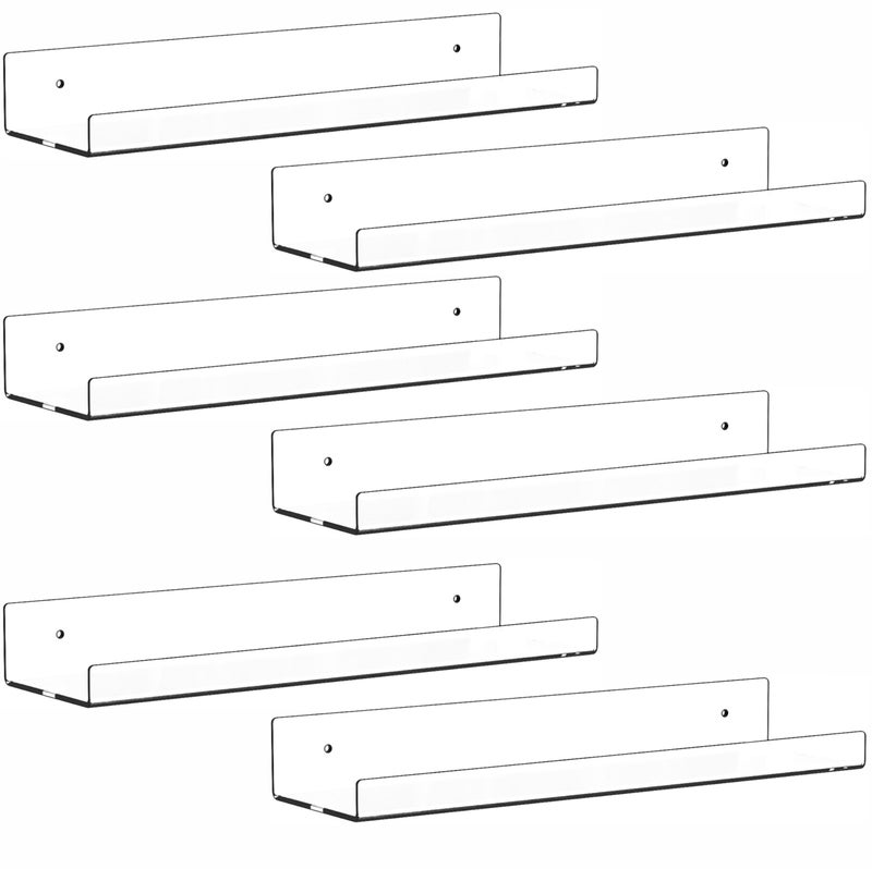 Cq acrylic 6 Pack Clear Acrylic Shelves for Wall with Adhesive,15 Inch No Drill Floating Shelves for Bathroom,Bedroom,Renter Friendly,Kids Room Bookshelf,Wall Display Shelf for Lego,Funko Pop,Figurine,Perfume - Image 1