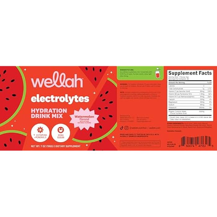 Wellah Electrolytes Powder (Watermelon) 50 Servings - Hydration Drink Mix, 7 Vitamins & Minerals, Zero Sugar - Image 5