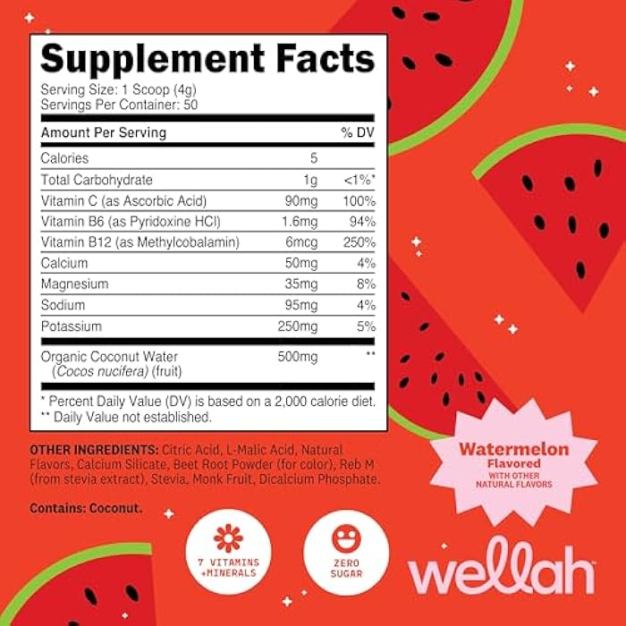 Wellah Electrolytes Powder (Watermelon) 50 Servings - Hydration Drink Mix, 7 Vitamins & Minerals, Zero Sugar - Image 2