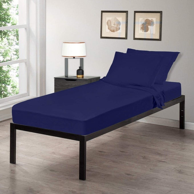 COT SIZE 30 X 75X8 SHEET SET 4 PIECE FITTED FLAT 2 PILLOWCASES MADE OF COTTON PERFECT FOR CAMP BUNK BEDSRVSGUEST BEDS NAVY