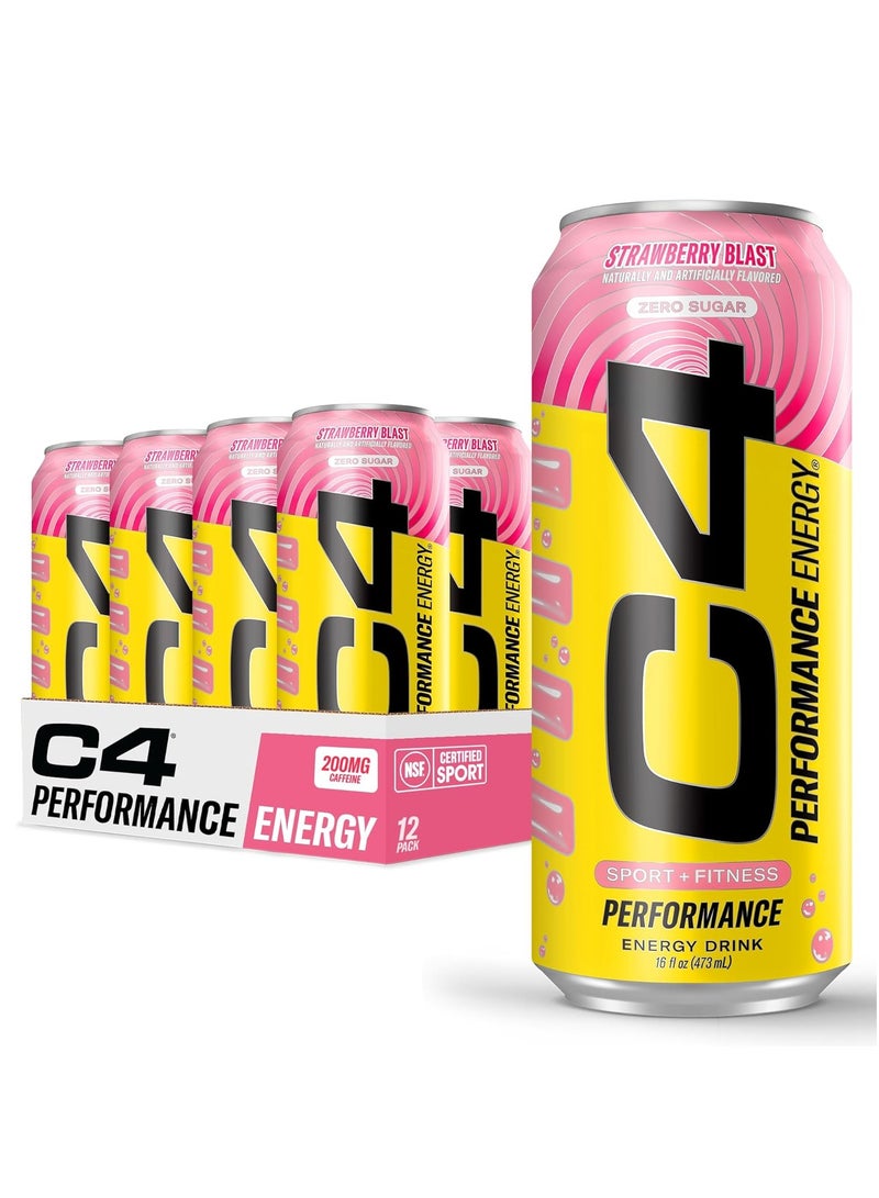 C4 Energy Drink, Starburst Strawberry, Carbonated Sugar Free Pre Workout Performance Drink with no Artificial Colors or Dyes, 473ml, Pack of 12pcs