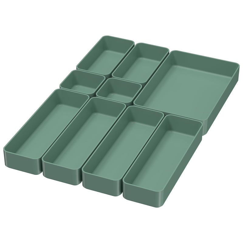 CHANCETSUI 9 Pcs Stackable Drawer Organizer Trays Set Green Multifunctional Storage for Vanity Bathroom Kitchen Desk Drawer Organizer Office PET Plastic