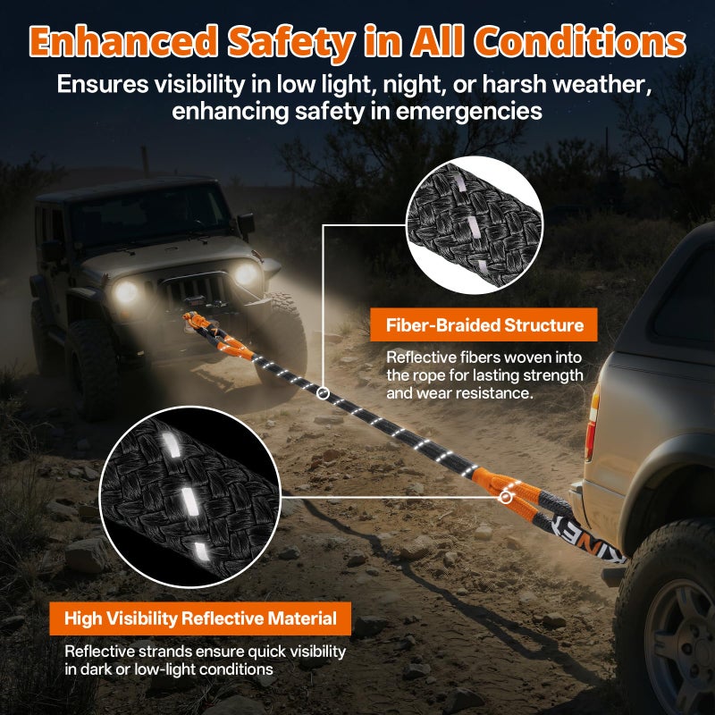 HOKINETY Kinetic Recovery Tow Rope - 1.26" x30FT 55000LBS Reflective Heavy Duty Snatch Strap Kit with Soft Shackles for Offroad Pulling Truck SUV UTV ATV Car Jeep - Red - Image 3