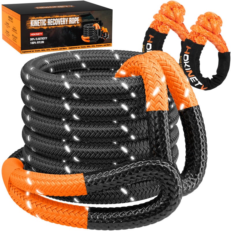 HOKINETY Kinetic Recovery Tow Rope - 1.26" x30FT 55000LBS Reflective Heavy Duty Snatch Strap Kit with Soft Shackles for Offroad Pulling Truck SUV UTV ATV Car Jeep - Red - Image 1