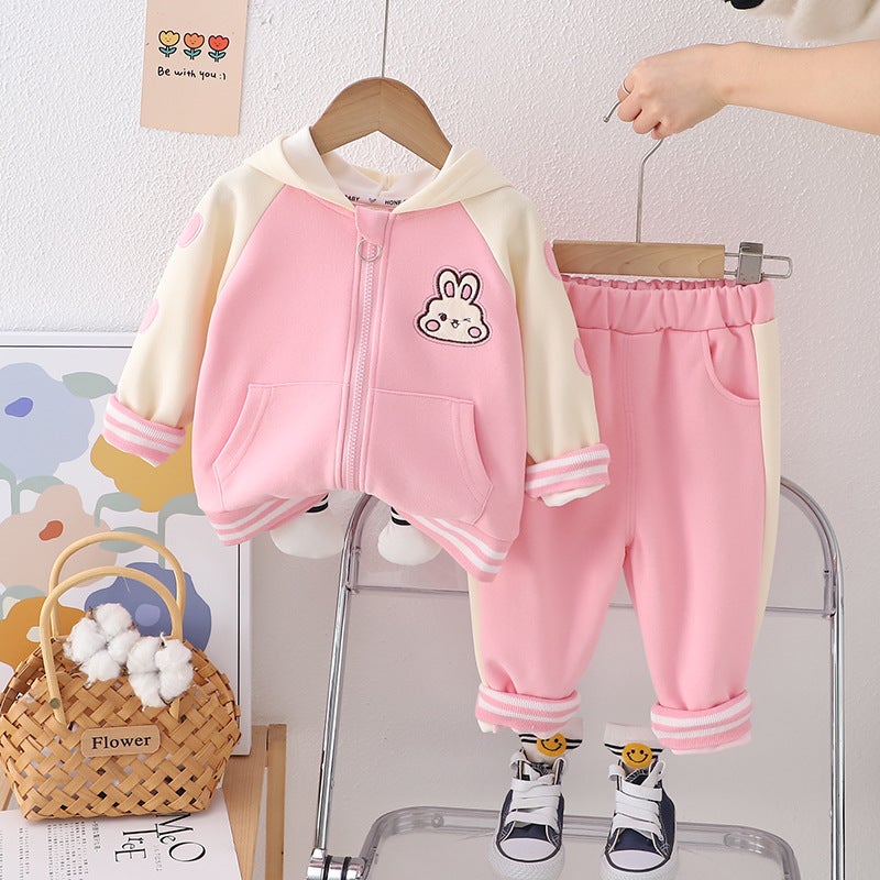 Girls' Spring Cute Long-Sleeved Back Three-Dimensional Feet Rabbit Zipper Hooded Jacket Sports Baby Girl 1-Year-Old Two-Piece Set 2 - Image 5