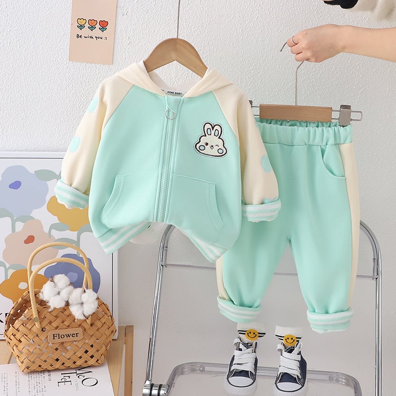 Girls' Spring Cute Long-Sleeved Back Three-Dimensional Feet Rabbit Zipper Hooded Jacket Sports Baby Girl 1-Year-Old Two-Piece Set 2 - Image 3