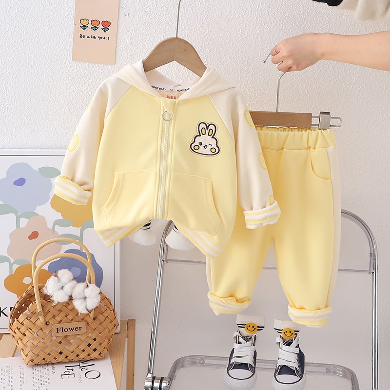 Girls' Spring Cute Long-Sleeved Back Three-Dimensional Feet Rabbit Zipper Hooded Jacket Sports Baby Girl 1-Year-Old Two-Piece Set 2 - Image 1