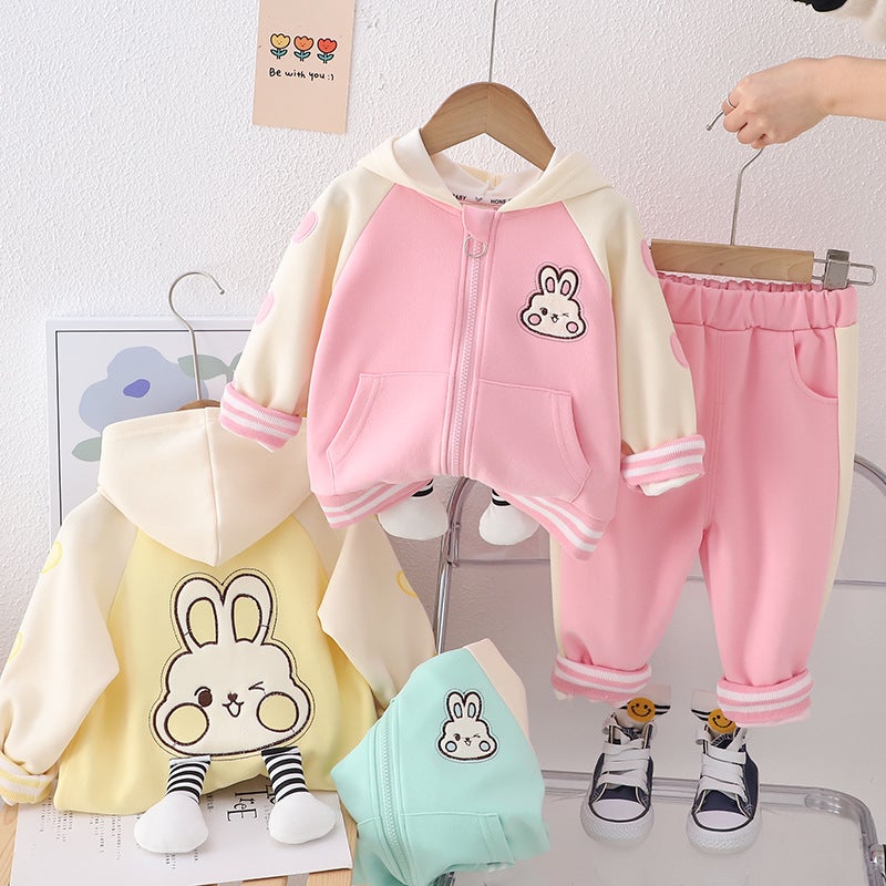Girls' Spring Cute Long-Sleeved Back Three-Dimensional Feet Rabbit Zipper Hooded Jacket Sports Baby Girl 1-Year-Old Two-Piece Set 2 - Image 2