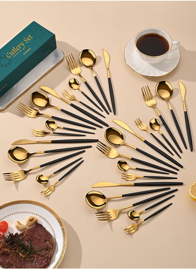 Sunhome SUNHOME 30-Piece Stainless Steel Cutlery Set Kitchen Utensil Set Western Tableware Suitable For Home Kitchen Restaurant Hotel Party Dining Picnic Dining Exquisite Packaging Gift Black/Gold  - Image 2