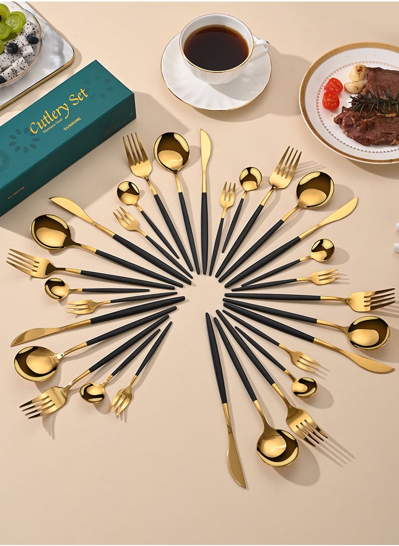 Sunhome SUNHOME 30-Piece Stainless Steel Cutlery Set Kitchen Utensil Set Western Tableware Suitable For Home Kitchen Restaurant Hotel Party Dining Picnic Dining Exquisite Packaging Gift Black/Gold  - Image 5