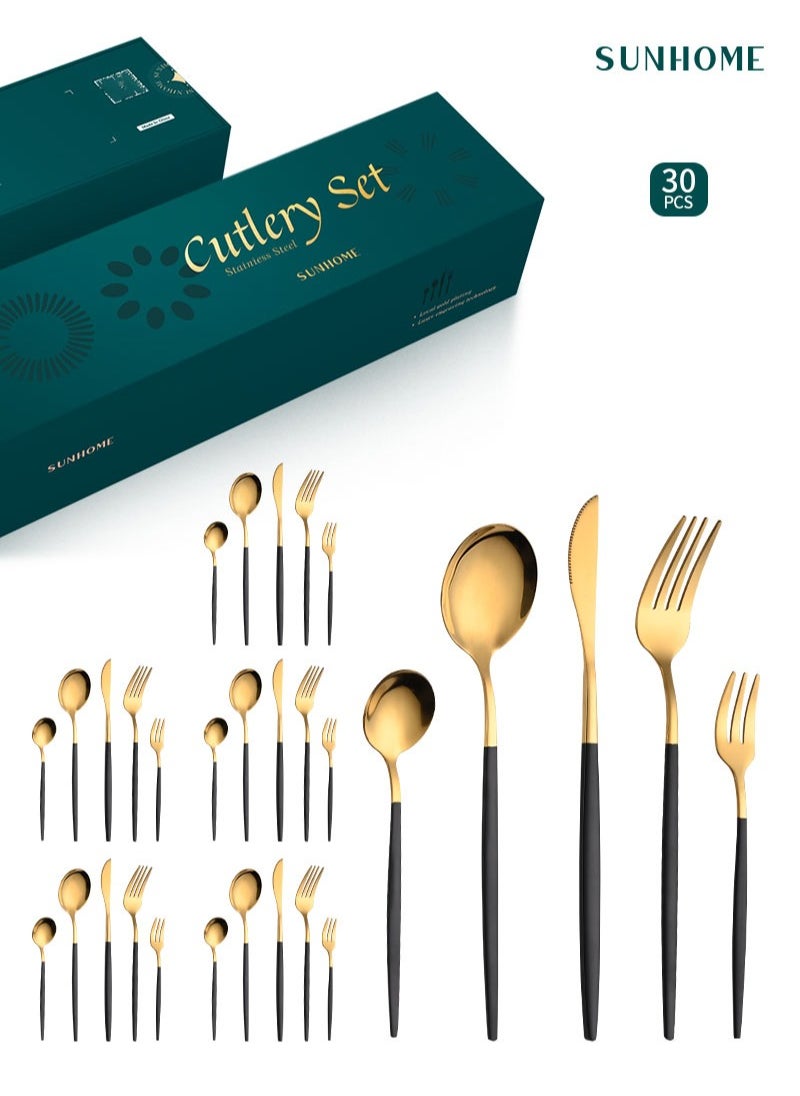 Sunhome SUNHOME 30-Piece Stainless Steel Cutlery Set Kitchen Utensil Set Western Tableware Suitable For Home Kitchen Restaurant Hotel Party Dining Picnic Dining Exquisite Packaging Gift Black/Gold  - Image 1