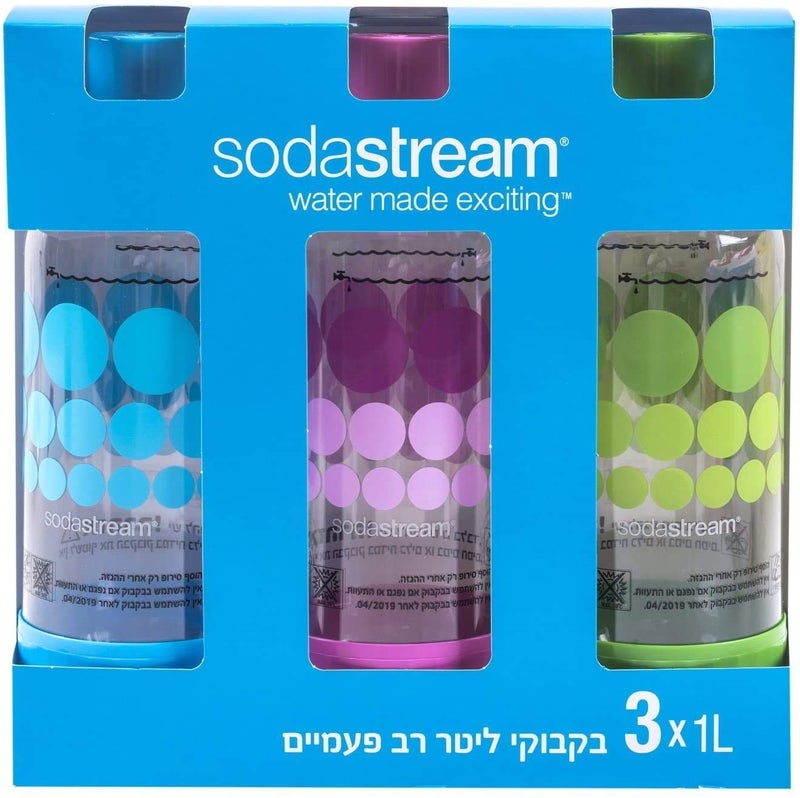 SodaStream Original sodastream Three Pack 1 Liter Carbonating Bottles for Home - Lasts 2 years - Purple, Blue, and Green