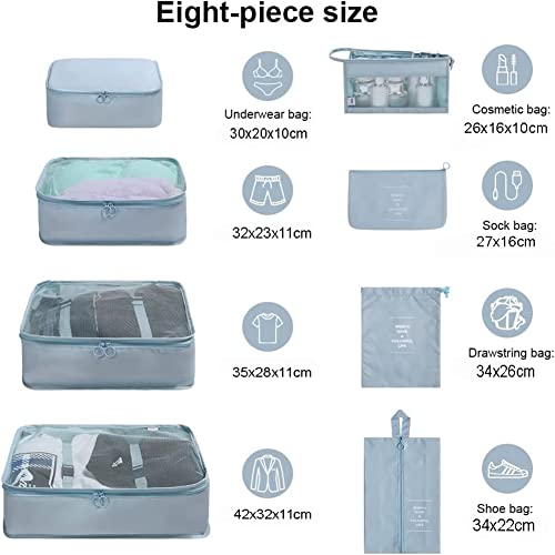 OCEANEVO Mesh 8 Pcs Packing Cubes For Travel, Travel Organizer Bags For Luggage, Suitcase With Toiletry Pouch And Shoe Bag- Set Of 8- Sky Blue, 32 Centimeters, 115 Centimeters - Image 2