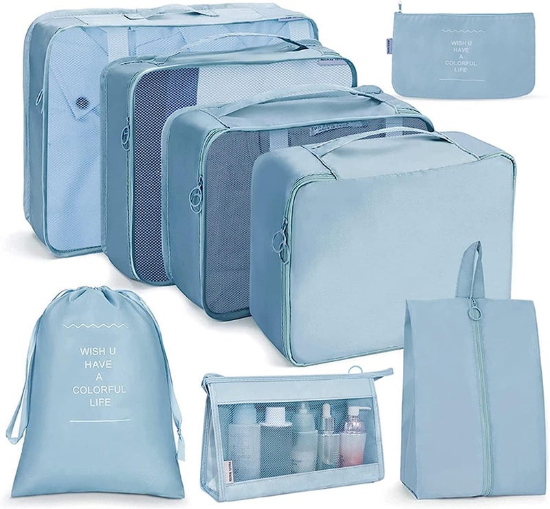 OCEANEVO Mesh 8 Pcs Packing Cubes For Travel, Travel Organizer Bags For Luggage, Suitcase With Toiletry Pouch And Shoe Bag- Set Of 8- Sky Blue, 32 Centimeters, 115 Centimeters - Image 1