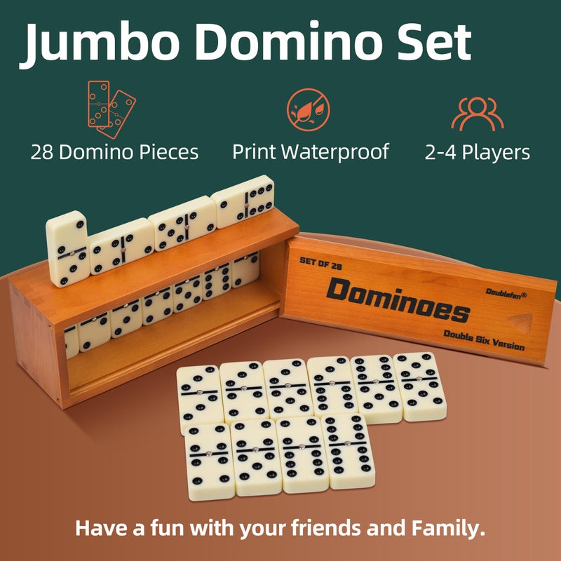 Doublefan Dominos Set for Adults, Jumbo Size Double 6 Dominoes Set, Classic Board Game for Adults and Elderly, Double Six Thick Size Domino with Spinner 28 Tiles in Exclusive Brown Wooden Box. - Image 3