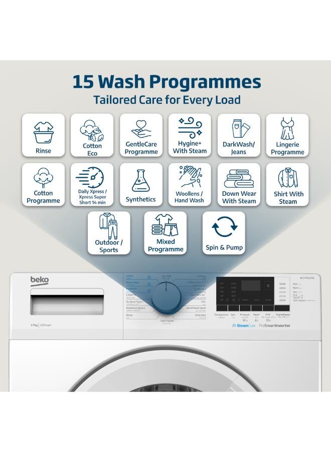 Beko 7 kg Front Load Washing Machine, 1200 RPM, 15 Programmes, Low Noise, Quick wash 14/28 Minutes, SteamCure Wash, Digital Display, DrumClean Function, 10 Years Warranty on ProSmart Inverter Motor - 7 kg WCV7612KW White - Image 3