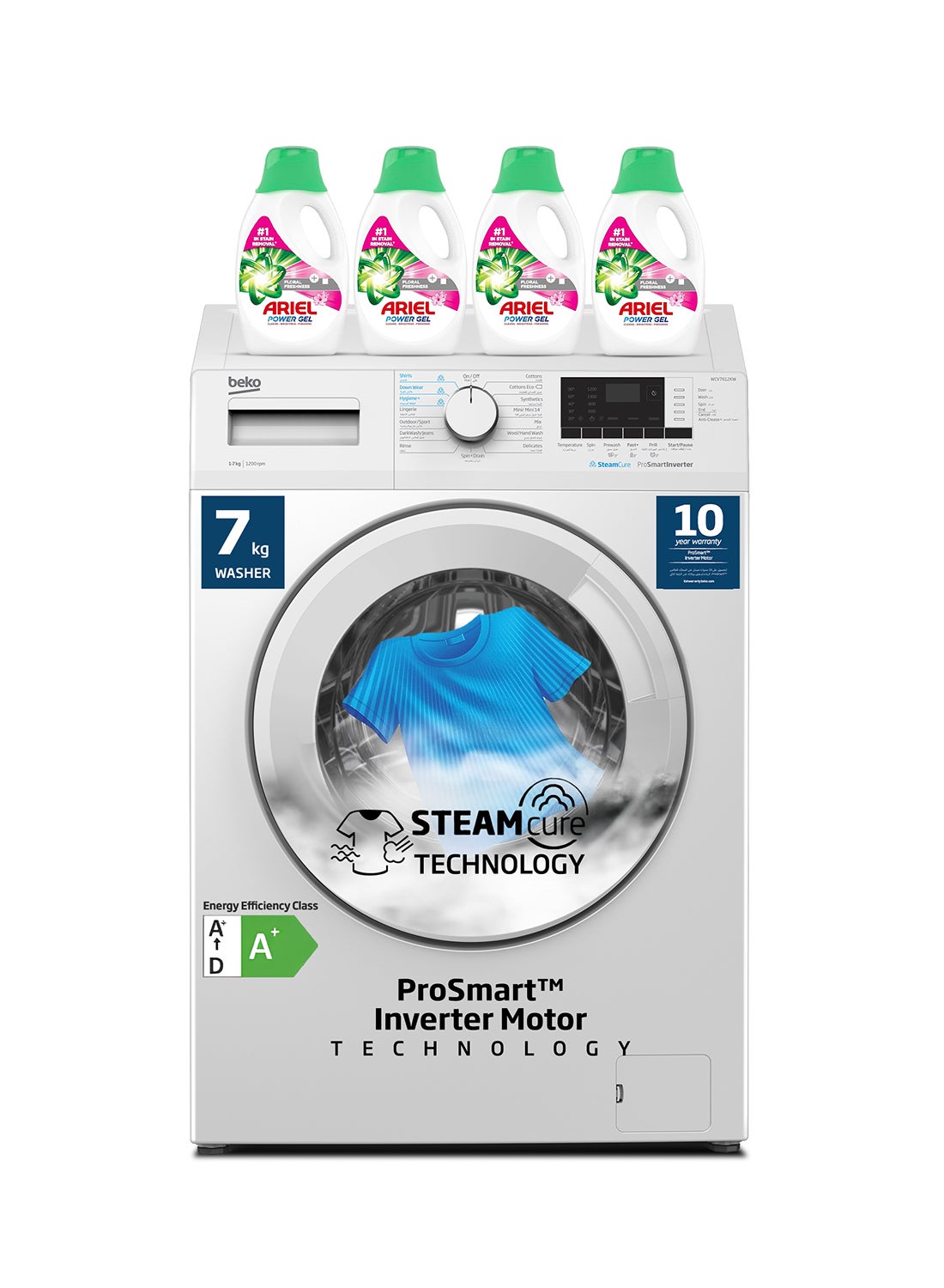 7 kg Front Load Washing Machine, 1200 RPM, 15 Programmes, Low Noise, Quick wash 14/28 Minutes, SteamCure Wash, Digital Display, DrumClean Function, 10 Years Warranty on ProSmart Inverter Motor - 7 kg WCV7612KW White