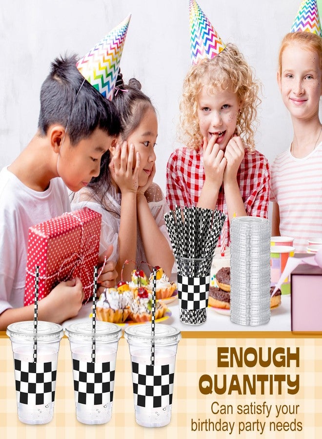 Sliner 50 Sets Plastic Cups Disposable with Lids and Paper Straws 16 oz Clear Drinking Cups for Xmas Checkered Flag Cow Print Themed Holiday Birthday Party(Checkered Racing Style) - Image 4