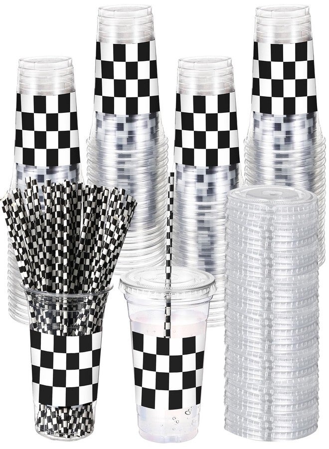 Sliner 50 Sets Plastic Cups Disposable with Lids and Paper Straws 16 oz Clear Drinking Cups for Xmas Checkered Flag Cow Print Themed Holiday Birthday Party(Checkered Racing Style) - Image 1